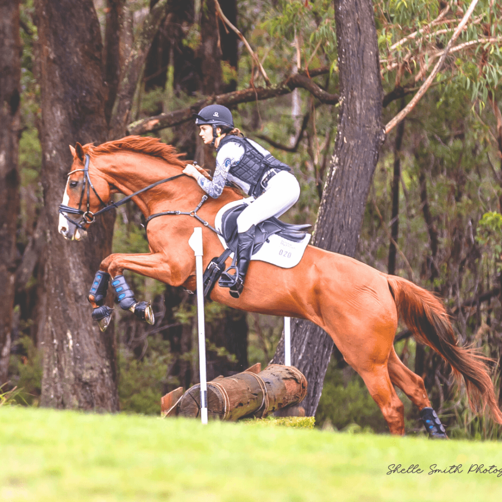 Cavaletti Collection ambassador Phoebe Rykers and Gatsby jumping a log fence cross country