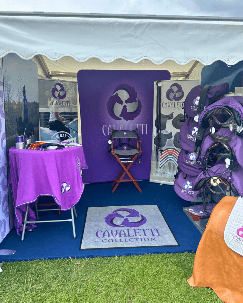 Cavaletti Collection branded exhibition stand with saddle covers and banners at the SEIB Trailblazers Championships