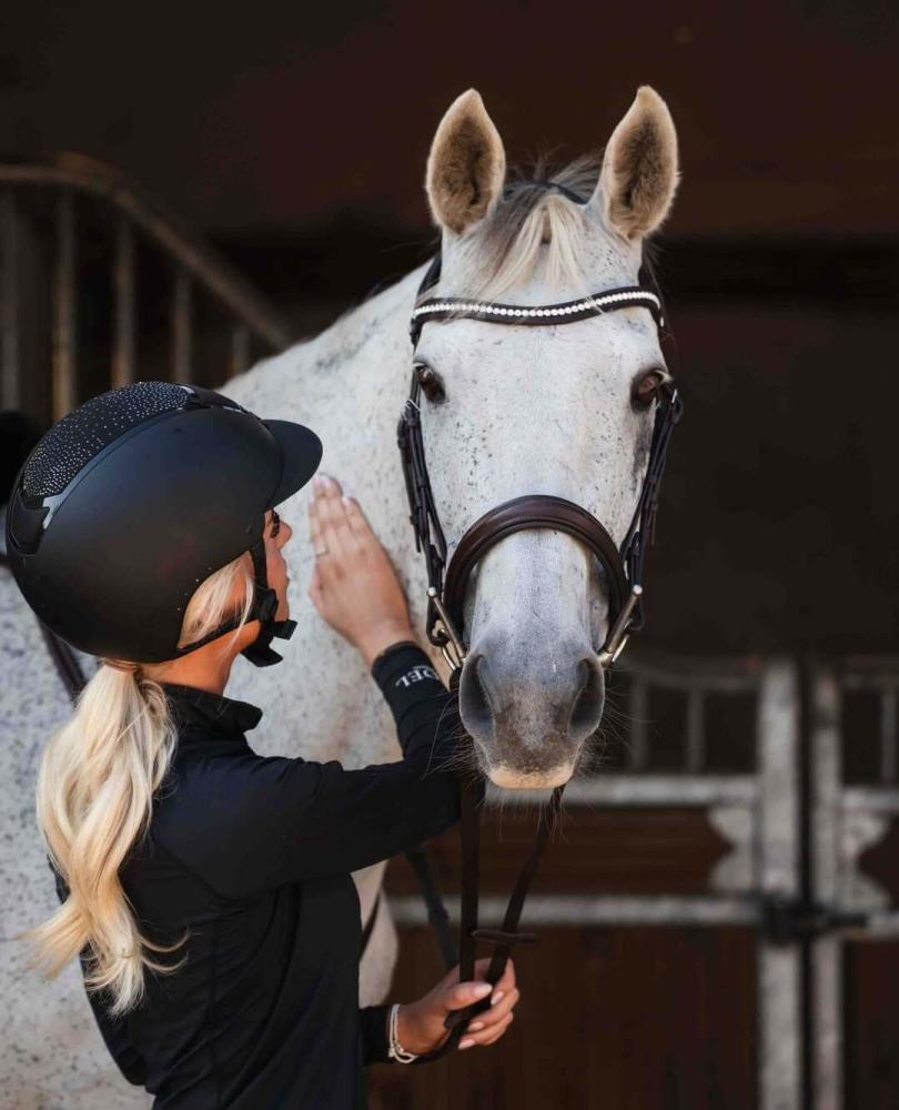 Rider in a festive elf costume standing beside a black horse decorated with a red saddle pad and Merry Christmas banner at an outdoor event.