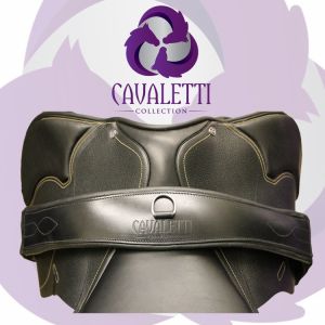 Equestrian riding with brown Cavaletti Collection ASX Atherstone Girth and white branded saddle pad on horse.